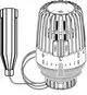 Thermostatkopf mit Kapillarrohr und Fühler. Mit Temperaturregler auf der Vorderseite. Hersteller: IMI Hydronic Engineering. Kabel mit Verbindung zum Fühler sichtbar.